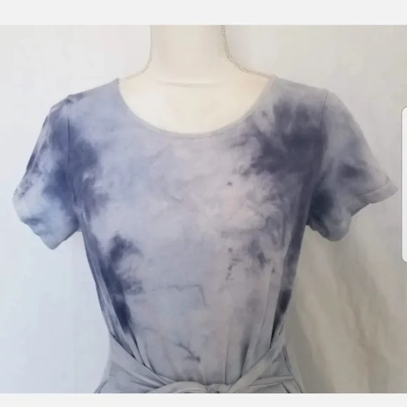Anthro Lovers + Friends Blue Smoky Tie Dye Mini Dress Small Belted Short Sleeve - Picture 5 of 6